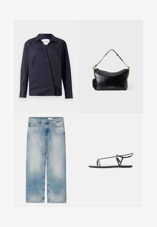Donker marineblauwe shirt van gladde stof, voorzien van een klassieke kraag, lange mouwen en een asymmetrische voorclosure.; Lichtblauwe denim brede pijpen jeans met een vervaagd ontwerp, vijf zakken en een knoopsluiting. Rechte pasvorm met een rafelrand detail.; Zwarte platte sandaal met dunne bandjes, een teenlus en een verstelbare enkelgesp op een lichtgrijze achtergrond.; Zwarte leren schoudertas met verstelbare riem, gouden hardware en een klein zijvakje, met het Marc Jacobs-logo in gouden letters.