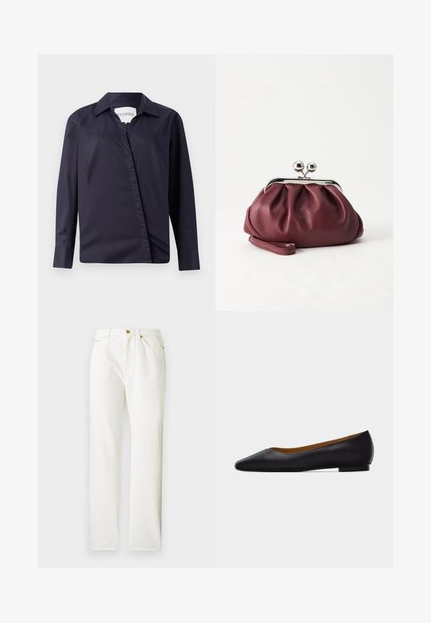 Chemise bleu marine foncé en tissu lisse, dotée d'un col classique, de manches longues et d'une fermeture frontale asymétrique.; Pantalons en denim blanc avec une coupe droite, dotés d'une fermeture à bouton sur le devant et d'une texture subtile. Comprend des poches latérales et un matériel minimal.; Chaussure plate en cuir noir à bout pointu avec talon bas et finition lisse, vue de côté sur un fond gris clair.; Petit sac pochette en cuir bordeaux avec fermoir métallique argenté et bracelet sur fond blanc.