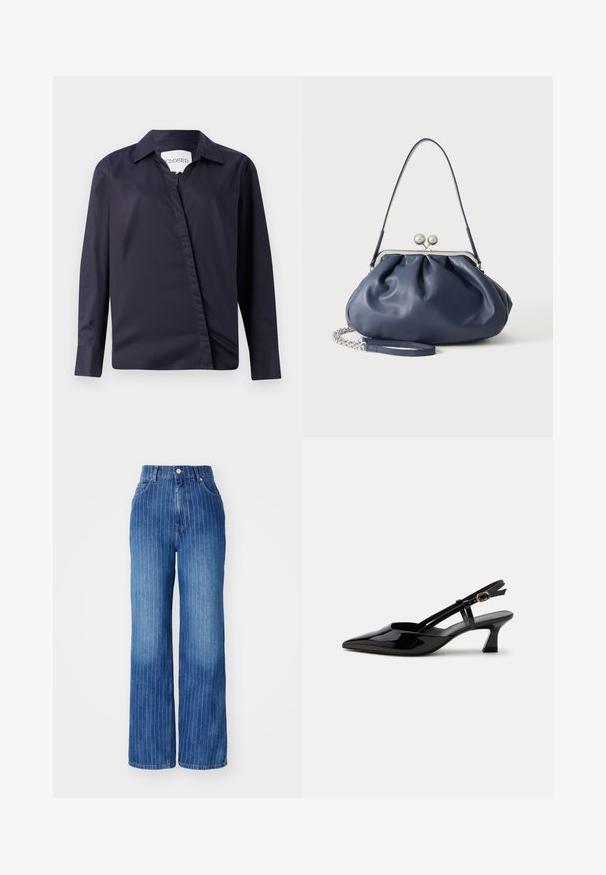 Donker marineblauwe shirt van gladde stof, voorzien van een klassieke kraag, lange mouwen en een asymmetrische voorclosure.; Blauwe denim wijde broek met verticale witte strepen, hoge taille en vijf-pocket ontwerp, voorzien van een knoop- en ritsluiting.; Zwarte lakleren slingback kitten heel schoen met spitse neus en verstelbare gouden gespsluiting op een witte achtergrond.; Zachte navyblauwe leren handtas met zilveren sluiting, enkele schouderband en afneembare ketting polsband op witte achtergrond.