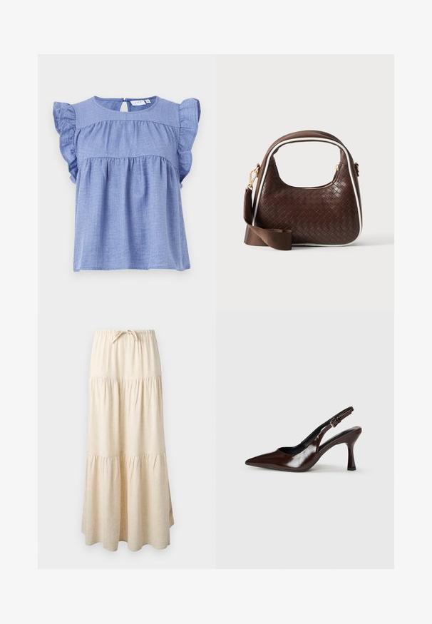Blusa de color azul claro, hecha de una tela suave, con mangas cortas de volante, escote redondo y un detalle de abertura en la espalda con cierre de botón.; Falda larga beige de capas con cinturilla elástica y cordón, que presenta un diseño de tela fluida y fruncida.; Zapatos de tacón slingback de charol marrón con punta afilada, tacón delgado y correa ajustable con una pequeña hebilla.; Bolso de mano de piel trenzada marrón con ribete blanco, cremallera dorada y correa de hombro de tela marrón desmontable.