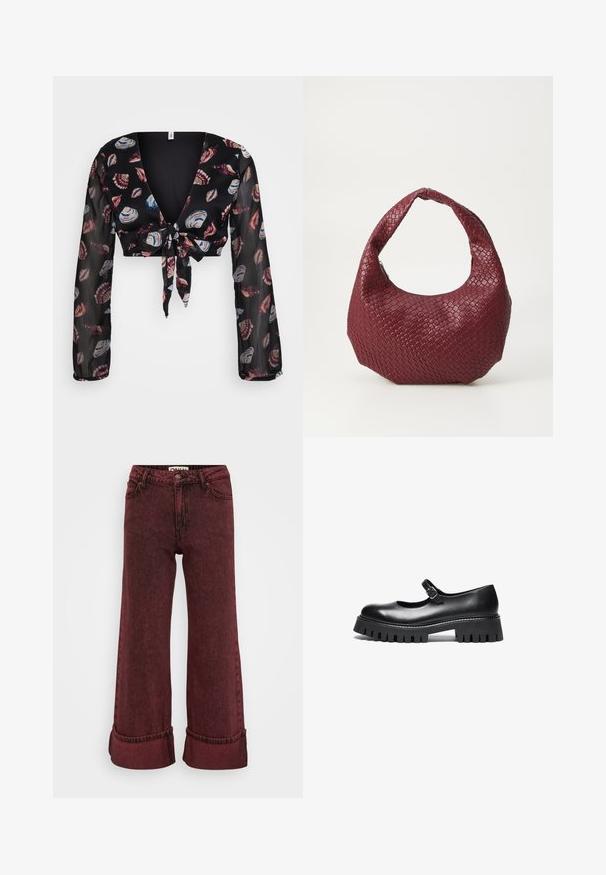 Zwarte cropped blouse met een diepe V-hals, lange doorschijnende mouwen en een knoopdetail aan de voorkant. Heeft een schelp patroon in rood, blauw en wit op een donkere achtergrond.; Bordeaux wijdvallende jeans van denim met een gestructureerde afwerking, hoge taille, riemlussen en omgeslagen zoom. Heeft een klassieke vijf-pocketstijl.; Zwarte leren Mary Jane-schoen met een ronde neus, enkelband en een chunky rubberen zool met geribbelde details.; Geweven bordeaux handtas met een afgeronde silhouet, een enkele handgreep en een gestructureerde afwerking. Ritssluiting aan de bovenkant.