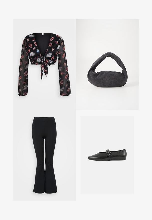 Sort cropped bluse med dyb V-udskæring, lange gennemsigtige ærmer og en frontknude. Har et skaldmønster i rød, blå og hvid på en mørk baggrund.; Sorte flare leggings lavet af strækbart materiale. Har en høj talje og en glat overflade. Slutter med en flared kant.; Sorte læder flade sko med spidse tæer, prydet med en metallisk spænde over vristen og en lav, fleksibel sål.; Mørkegrå stofpose med et buet håndtag, blød tekstur og rund form. Ingen synligt hardware eller pynt.