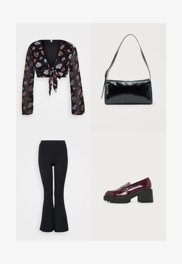 Zwarte cropped blouse met een diepe V-hals, lange doorschijnende mouwen en een knoopdetail aan de voorkant. Heeft een schelp patroon in rood, blauw en wit op een donkere achtergrond.; Zwarte flared leggings van rekbaar materiaal. Beschikt over een hoge tailleband en een gladde textuur. Eindigt in een flared zoom.; Donkerrode lakleren loafer met dikke zwarte plateauhak en geribbelde zool, zijaanzicht op een effen witte achtergrond.; Zwarte rechthoekige schoudertas met een enkele verstelbare band en een bovenste ritssluiting op een effen achtergrond.