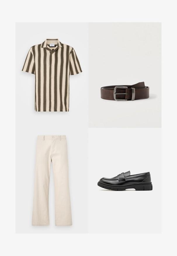 Camisa de manga corta con cuello abotonado que presenta rayas alternadas en color crema y verde oliva, con un patrón texturizado en toda la prenda.; Pantalones de pierna ancha beige, confeccionados en una tela ligera, con cierre de botón y bolsillos delanteros, con un acabado suave y sin textura.; Mocasin de cuero negro con una cinta ancha en el empeine, suela de goma con tacos gruesos y textura suave. Diseño clásico y elegante.; Cinturón de cuero marrón oscuro con hebilla rectangular plateada, enrollado y apoyado sobre un fondo neutro claro.