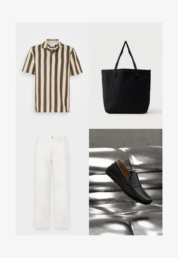 Kurzarmhemd mit Button-Down-Kragen, das abwechselnd cremefarbene und olivgrüne Streifen sowie ein strukturiertes Muster aufweist.; Gerade geschnittene weiße Denim-Jeans mit Vordertaschen, Gürtelschlaufen und Knopfverschluss in der Taille, vor einem einfarbigen Hintergrund gezeigt.; Schwarzer Lederloafer, der über einem glänzenden silberfarbenen, gesteppte Ledersofa mit weicher Beleuchtung schwebt.; Schwarze Canvas-Shopper-Tasche mit zwei Schulterriemen und einem dezenten, eingeprägten kreisförmigen Design auf der Vorderseite.