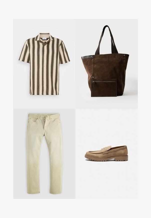 Camisa de manga corta con cuello abotonado que presenta rayas alternadas en color crema y verde oliva, con un patrón texturizado en toda la prenda.; Jeans de mezclilla beige de pierna recta con cierre de botón y cremallera, bolsillos delanteros y traseros, y costuras visibles sobre un fondo neutro.; Mocasines de gamuza color marrón claro con punta redondeada, suela plana de goma y costuras decorativas en la parte superior. Presentan un diseño sin cordones para poner y quitar fácilmente.; Bolso tote de ante marrón oscuro con asas negras y un neceser rectangular con cremallera a juego unido en la parte frontal.