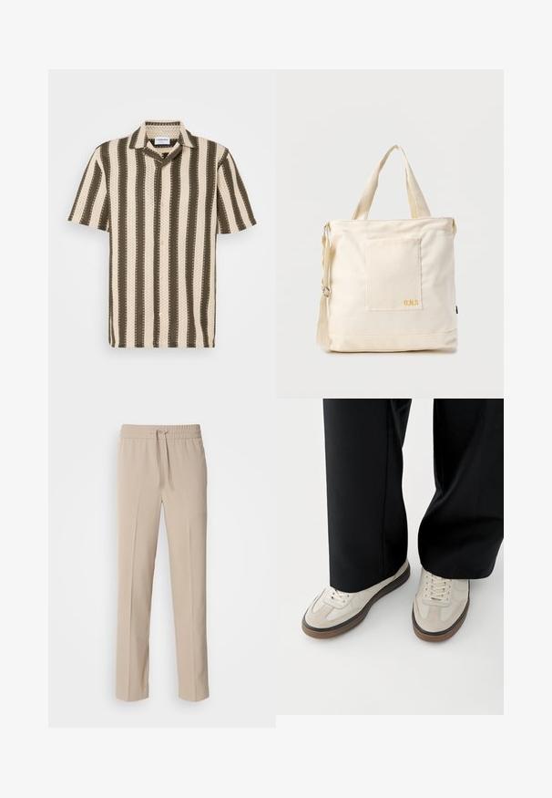 Korte mouwen overhemd met een button-down kraag, gekenmerkt door afwisselende crèmekleurige en olijf groene strepen en een textuurpatroon door het geheel.; Beige, relaxte broek gemaakt van zachte stof, met een elastische tailleband met een trekkoord en rechte pijpen met minimale accenten.; Voeten met beige sneakers met bruine zolen en zwarte wijde broekspijpen op een witte achtergrond.; Crèmekleurige canvas boodschappentas met voorvak, twee handvatten, verstelbare schouderriem en kleine gele "O.N.S" tekst rechtsonder op het vak.