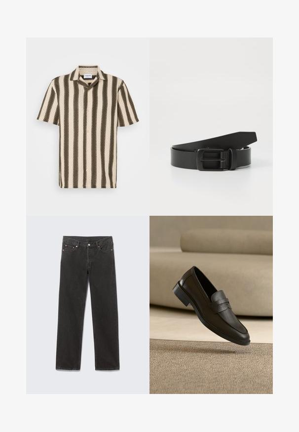 Kurzarmhemd mit Button-Down-Kragen, das abwechselnd cremefarbene und olivgrüne Streifen sowie ein strukturiertes Muster aufweist.; Schwarze Denim-Jeans mit geradem Bein, vorderen Taschen, Gürtelschlaufen und Knopfverschluss, flach auf einem grauen Hintergrund liegend.; Schwarzer Lederloafer, der auf einem beigen Teppich liegt, mit einem gebogenen beigen Sofa im Hintergrund.; Schwarzer Leder Gürtel mit einer mattschwarzen Metallschließe, ausgestattet mit einer glatten Textur und einfachem Design. Verstellbare Länge mit zulaufendem Ende.