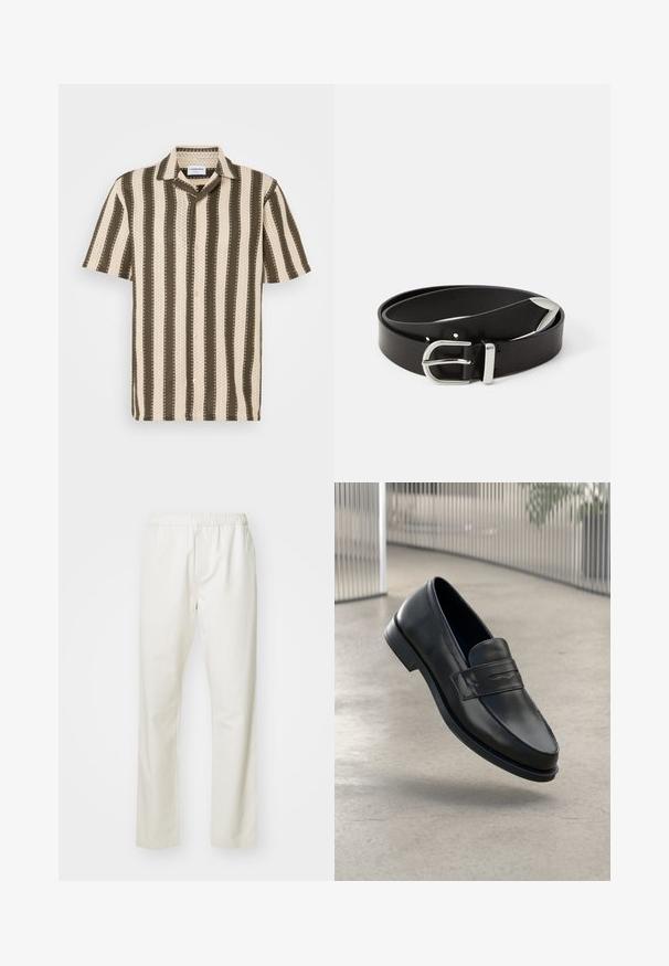 Camisa de manga corta con cuello abotonado que presenta rayas alternadas en color crema y verde oliva, con un patrón texturizado en toda la prenda.; Pantalones de algodón blancos con cintura elástica y diseño de pierna recta, que presentan una textura suave y sin patrones ni acentos visibles.; Mocasín de cuero negro con textura suave, punta puntiaguda y una correa decorativa a lo largo del empeine. Suela ligera, diseño minimalista.; Cinturón de piel negra con una hebilla de metal plateado, que presenta un diseño clásico y una textura suave. Incluye agujeros para ajuste.