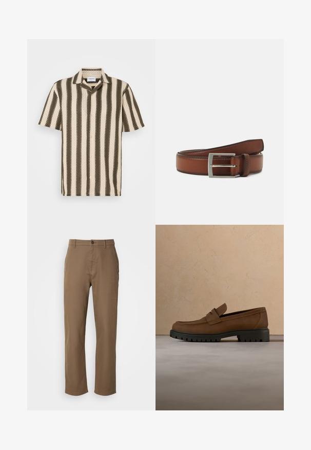 Kurzarmhemd mit Button-Down-Kragen, das abwechselnd cremefarbene und olivgrüne Streifen sowie ein strukturiertes Muster aufweist.; Braune Baumwollhosen mit geradem Schnitt, Knopfverschluss und Seiten Taschen. Sie verfügen über eine glatte Textur und ein schlichtes, unverziertes Design.; Dunkelbrauner Lederloafer mit dicker schwarzer Gummisohle, dargestellt über beigem Teppich und Sofa-Hintergrund.; Brauner Ledergürtel mit einer silbernen rechteckigen Schnalle, die zarte Nähte und eine glatte Textur aufweist.