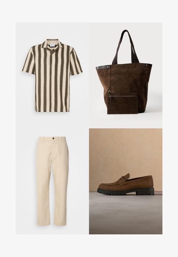 Camisa de manga corta con cuello abotonado que presenta rayas alternadas en color crema y verde oliva, con un patrón texturizado en toda la prenda.; Pantalones de algodón beige con piernas rectas, cierre de botón en la parte delantera, bolsillos laterales y una textura suave. Diseño minimalista, sin patrones visibles.; Mocasín de cuero marrón oscuro con suela gruesa de goma negra, mostrado sobre una alfombra beige y fondo de sofá.; Bolso tote de ante marrón oscuro con asas negras y un neceser rectangular con cremallera a juego unido en la parte frontal.