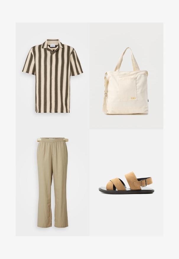 Kurzarmhemd mit Button-Down-Kragen, das abwechselnd cremefarbene und olivgrüne Streifen sowie ein strukturiertes Muster aufweist.; Beige, weite Hosen aus leichtem Stoff. Elastischer Bund mit Bindeband. Mit Vordertaschen und geraden Beinen.; Herren-Sandale aus hellbraunem Wildleder mit zwei breiten Riemen, schwarzer Sohle und verstellbarem Schnallenriemen an der Ferse, auf weißem Hintergrund dargestellt.; Beige Canvas-Shopper mit Fronttasche, zwei Griffen, verstellbarem Schulterriemen und kleinem gelbem "O.N.S"-Text unten rechts auf der Tasche.