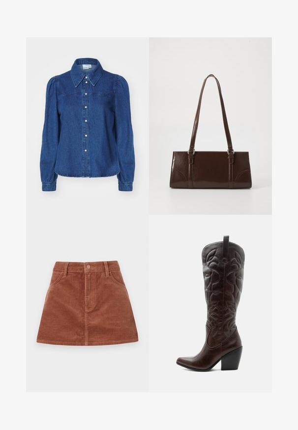 Denim shirt met een gestructureerde kraag, lange pofmouwen en knoopsluiting aan de voorkant. Donkerblauwe stof met subtiele textuur en een getailleerde taille.; Bruine corduroy mini-jurk met verticale geribde textuur, voorzakken, een knoopsluiting en een rechte snit.; Lange donkerbruine leren cowboylaars met gestikte decoratieve patronen, spitse neus en gestapelde blokhak.; Bruine lakleren handtas met een rechthoekige vorm, twee lange handvatten en subtiele gebogen accenten aan de voorkant.