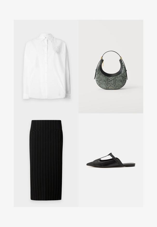 Chemise blanche boutonnée avec un col classique, des manches longues et un motif de visage souriant brodé sur le côté gauche de la poitrine.; Jupe crayon noire avec des rayures verticales étroites, dotée de deux poches avant et d'une texture lisse. Le design est ajusté et arrive au genou.; Chaussure en cuir noir à talon ouvert avec un bout pointu, présentant un accent tressé et un design supérieur plissé. Semelle plate avec un matériel minimal.; Petit sac à main en forme de croissant avec texture en cuir de serpent vert, garniture en cuir noir, poignée courte, et accents dorés sur la fermeture éclair et le logo.