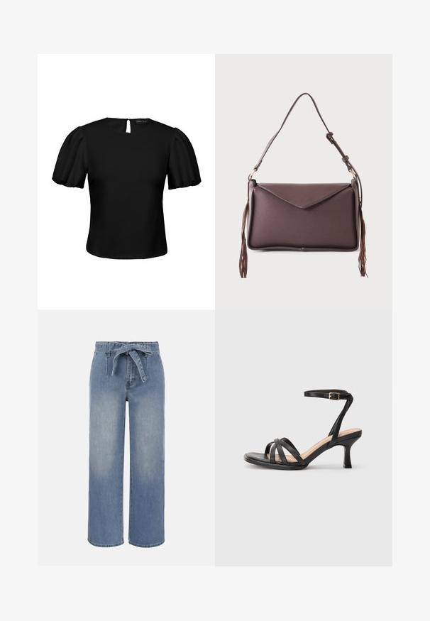 Blouse noire à manches courtes, manches bouffantes, encolure ronde et petite fermeture par bouton à l'arrière.; Jean taille haute à jambes larges bleu clair avec ceinture en tissu nouée et poches avant, présentant un effet délavé légèrement estompé.; Sandales à talons noirs avec plusieurs fines lanières sur le bout, une seule lanière à la cheville avec une boucle dorée, et un bout carré.; Sac à bandoulière rectangulaire marron foncé avec rabat enveloppe et bandoulière réglable, avec de longs pompons de chaque côté.