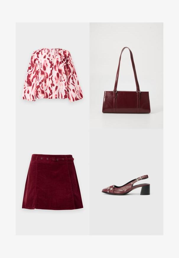 Blusa rosa claro con un audaz patrón abstracto en rojo y coral, con escote en V y botones en la parte delantera, sobre un fondo neutro.; Falda de pana roja oscura con un cinturón a juego y ojales metálicos, con un ligero corte en línea A y detalle en el panel frontal.; Zapato slingback de cuero burdeos con punta redonda, diseño curvado, acentos de metal plateado y tacón ancho. Acabado texturizado.; Bolso burdeos hecho de material brillante, de forma rectangular, con dos asas para el hombro y sutiles acentos curvados en la parte frontal.