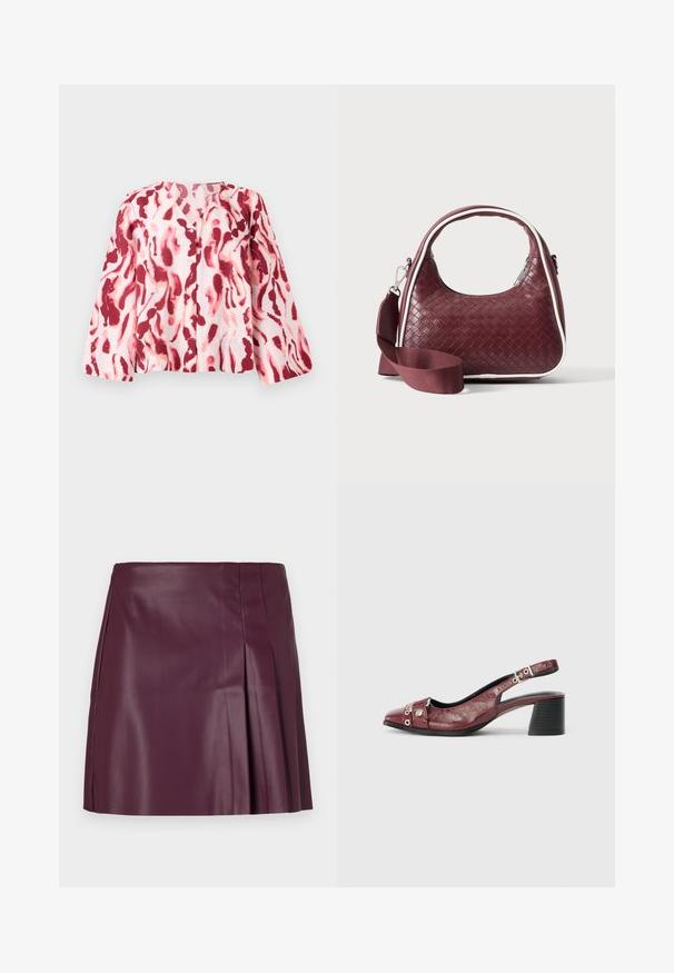 Blusa rosa claro con un audaz patrón abstracto en rojo y coral, con escote en V y botones en la parte delantera, sobre un fondo neutro.; ONLY ONLARTZY Short - Minifalda - mauve wine; Zapato slingback de cuero burdeos con punta redonda, diseño curvado, acentos de metal plateado y tacón ancho. Acabado texturizado.; Bolso de mano de cuero tejido color granate con asa curva, ribete blanco, cremallera plateada y correa desmontable de tela ancha para el hombro sobre fondo liso.
