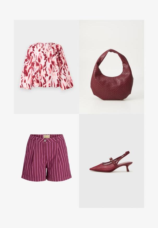 Lichtroze blouse met een gedurfde rode en koraal abstracte print, met een V-hals en knopen aan de voorkant, geplaatst tegen een neutrale achtergrond.; Paarse en roze verticale gestreepte shorts met knoopsluiting en riemlussen, met voorplooien en een JJXX merklabel aan de binnenkant van de tailleband.; Call it Spring DARIAHH - Klassieke pumps - dark pink; Geweven bordeaux handtas met een afgeronde silhouet, een enkele handgreep en een gestructureerde afwerking. Ritssluiting aan de bovenkant.