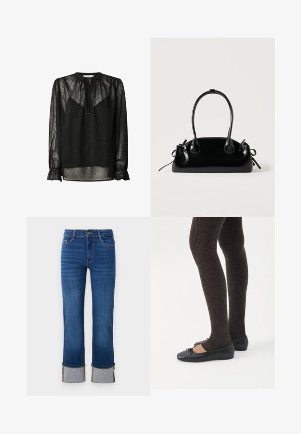 Blouse noire transparente avec un col rond, des manches longues et des poignets froncés. Présente de petits motifs carrés et un détail noué à l'avant.; Jean en denim bleu avec une jambe droite, présentant des ourlets retroussés en gris clair. Taille mi-haute et design traditionnel à cinq poches.; Jambes portant des leggings côtelés foncés associés à des ballerines noires avec de petits détails en nœud sur fond blanc.; Petit sac à main noir brillant avec deux longues anses et des détails à cordon sur les côtés sur un fond clair uni.