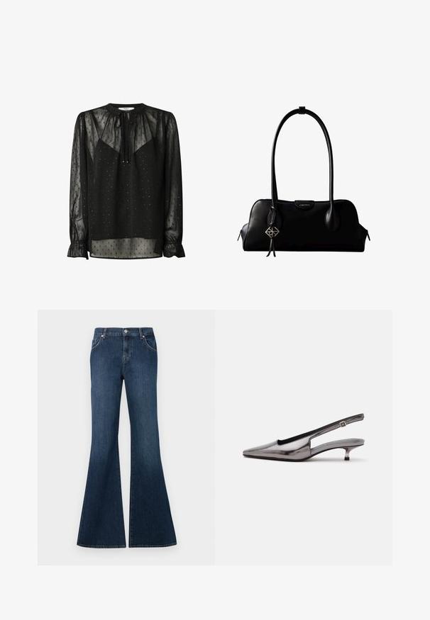 Blouse noire transparente avec un col rond, des manches longues et des poignets froncés. Présente de petits motifs carrés et un détail noué à l'avant.; Jean en denim bleu foncé taille haute avec jambes évasées, fermeture à bouton à l'avant, passants de ceinture, poches avant et arrière.; Chaussure slingback gris métallique à bout pointu, petit talon kitten et bride réglable sur fond blanc.; Sac à main en cuir noir Calvin Klein avec de longues anses, une étiquette logo à l'avant et un charme géométrique argenté suspendu à une anse.