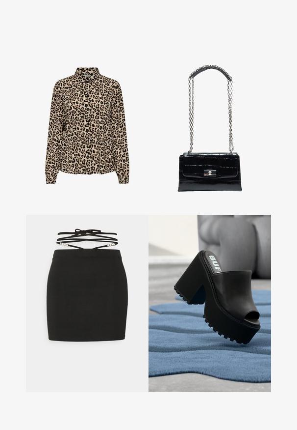 JDY JDYBROOKE LS NOOS - Overhemdblouse - pumice stone; Noisy May Petite NMCELESTE CHAIN DETAIL - Minirok - black; Zwarte plateau-muil met open teen en dikke profielzool, geplaatst op een gestructureerd blauw vloerkleed binnen, vlak bij een grijze fauteuil.; Zwarte leren handtas met krokodilstructuur, zilveren draaiversluiting en lange zilveren kettingriem met leren schouderpad.