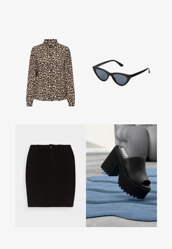 JDY JDYBROOKE LS NOOS - Chemisier - pumice stone; Pieces PCSKIN SLIM SHORT SKIRT - Minijupe - black; Mule plateforme noire à bout ouvert avec semelle épaisse à crampons reposant sur un tapis bleu texturé à l'intérieur, près d'un fauteuil gris.; Lunettes de soleil noires en forme d'œil de chat avec des verres gris foncé, monture en plastique élégante, coins pointus et branches droites. Pas de métal visible ni d'accents.