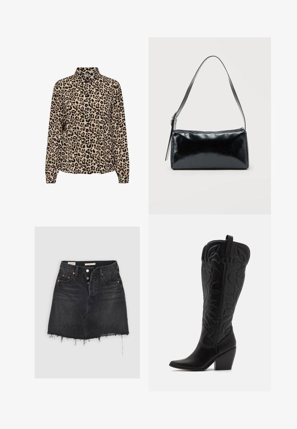 JDY JDYBROOKE LS NOOS - Overhemdblouse - pumice stone; Zwarte denim rok met versleten, rafelige zoom, knoopsluiting aan de voorkant, ceintuurlussen en vijf zakken, getoond op een effen lichte achtergrond.; Zwarte leren kniehoge laarzen met puntige neus en gestapelde hak. Voorzien van decoratief stiksel en gebogen designelementen.; Zwarte rechthoekige schoudertas met een enkele verstelbare band en een bovenste ritssluiting op een effen achtergrond.
