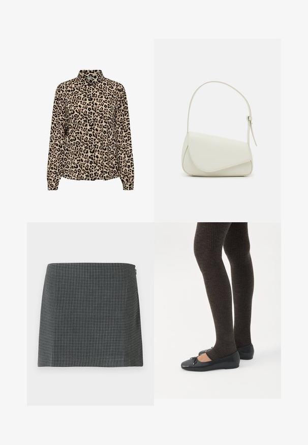 JDY JDYBROOKE LS NOOS - Chemisier - pumice stone; Jupe en damier noir et blanc en tissu à la texture lisse. Présente une silhouette droite et une fermeture éclair sur le côté.; Jambes portant des leggings côtelés foncés associés à des ballerines noires avec de petits détails en nœud sur fond blanc.; Sac à main en cuir synthétique blanc avec une forme triangulaire structurée, une bandoulière unique réglable et un rabat à courbes accentuées.