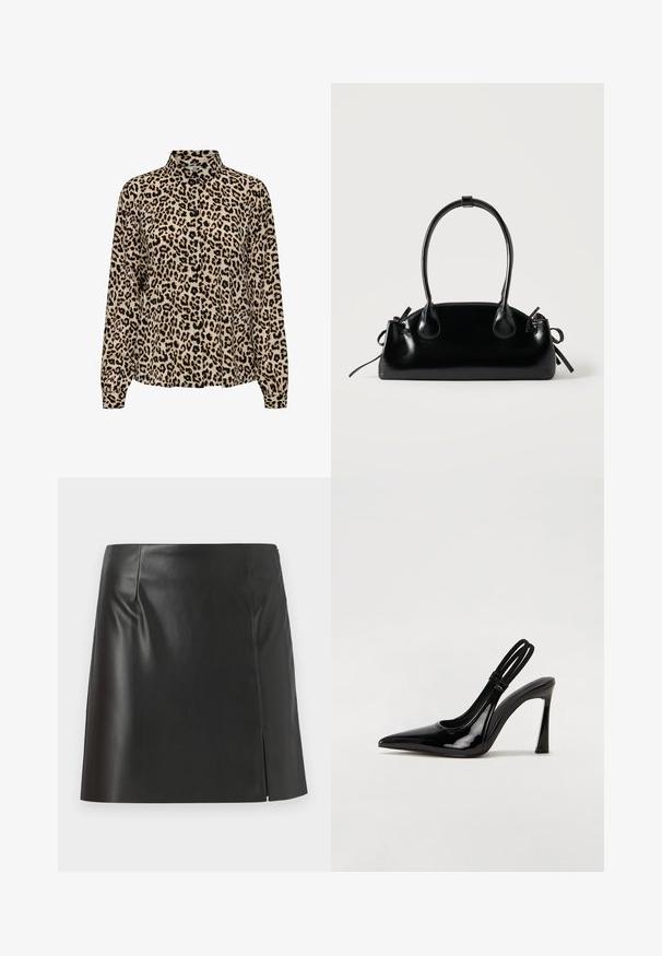 JDY JDYBROOKE LS NOOS - Overhemdblouse - pumice stone; Zwarte leren mini-jurk met een rechte snit, een soepele textuur en een zijrits met een splitdetail aan één kant.; Zwarte gepatineerde leren slingback pump met puntige neus, slanke hoge hak en dubbele elastische band voor een veilige pasvorm. Gladde, glanzende oppervlakte.; Kleine zwarte glanzende handtas met twee lange hengsels en zijkant trekkoord details op een effen lichte achtergrond.