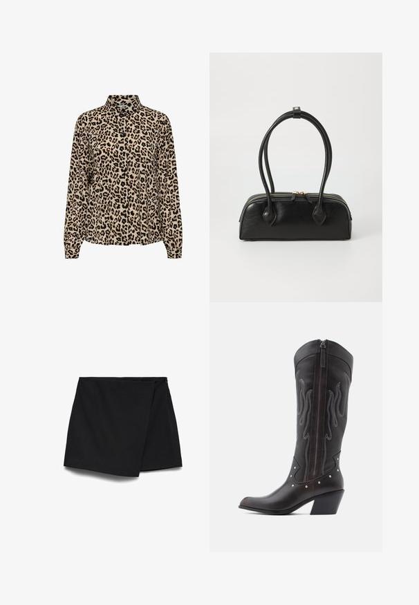 JDY JDYBROOKE LS NOOS - Chemisier - pumice stone; Mini-jupe asymétrique noire avec devant drapé et fermeture éclair latérale.; Bottes de cowboy en cuir marron avec surpiqûres en forme de flammes, fermeture éclair latérale, clous argentés, bout pointu et talon superposé.; Sac à main en cuir noir avec deux anses allongées, fermeture éclair et forme arrondie ; texture lisse avec une finition légèrement brillante.