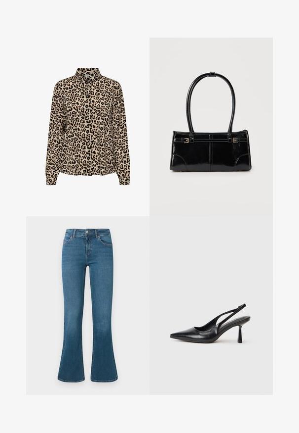 JDY JDYBROOKE LS NOOS - Skjortebluser - pumice stone; Blå denim flared jeans med en mellemhøj talje, fem-lomme design og diskrete syninger. Glat tekstur med en klassisk vask.; Sort læderslagback højhælet sko med spids tå og slank hæl på en hvid baggrund.; Glansfuld sort rektangulær håndtaske med to tynde skulderremme og små guldbeslag foran.