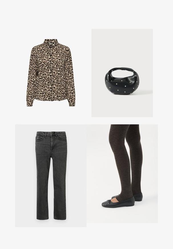 JDY JDYBROOKE LS NOOS - Skjortebluser - pumice stone; Sorte denimjeans med lige ben, der har fem lommer, bæltestropper og lukning med knap foran. Det strukturerede stof viser subtil slitage.; Ben iført mørke ribbede leggings kombineret med sorte balletsko med små sløjfedetaljer på hvid baggrund.; Sort læderhåndtaske med en rundet form, dekoreret med sølvnitter, og et kort håndtag. Glat tekstur og lynlåslukning.