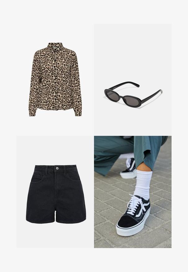 JDY JDYBROOKE LS NOOS - Skjortebluser - pumice stone; Sorte denimshorts med høj talje, frontknap, bæltestropper og to forlommer på en ensfarvet hvid baggrund.; Sorte ruskinds sneakers med hvide accenter og snørebånd, der har en tyk hvid sål og kontrasterende syninger, parret med en hvid sok.; Even&Odd by Zalando Solbriller - black