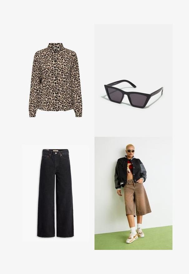 JDY JDYBROOKE LS NOOS - Skjortebluser - pumice stone; Sorte brede benjeans lavet af denim, med fem lommer, kobbernitter og en klassisk knaplukning. Glat tekstur med et rent design.; Person med kort blondt hår iført solbriller, sort varsity-jakke, grafisk crop top, brune vide shorts og hvide Nike sneakers, stående på grønt gulv.; Sorte, kantede solbriller med grå linser; lavet af plast, med tykke stænger med en glat overflade og ingen synlig hardware.