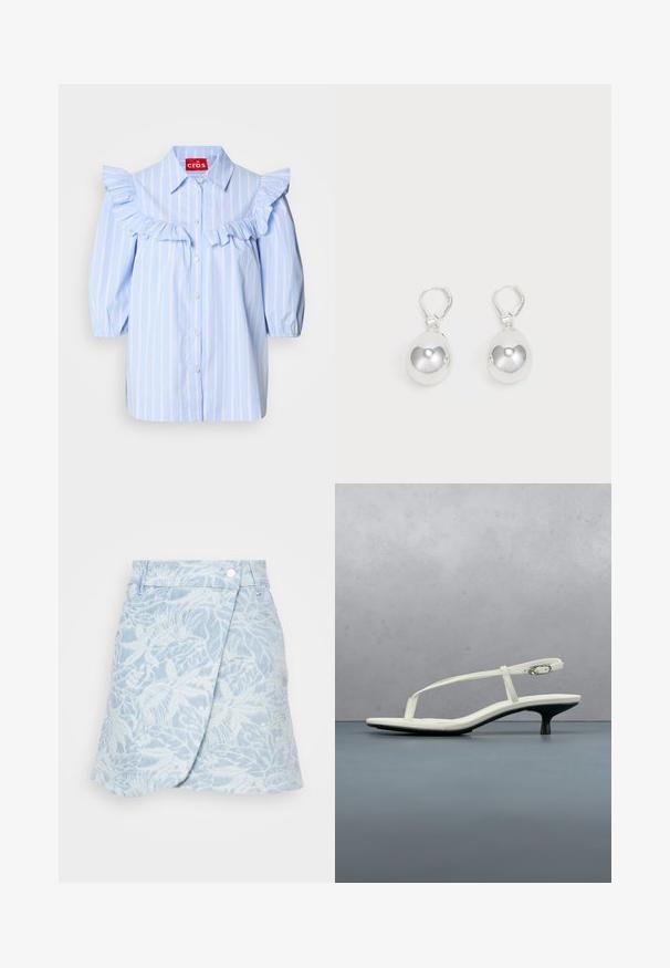 Lichtblauw gestreept shirt met gerimpelde accenten op de schouders en aan de voorkant, met een puntige kraag en knoopsluiting.; BOSS SKIRT MINI - A-lijn rok - medium blue; Witte sandaal met smalle bandjes en kitten heel, met een spitse neus, zwevend boven een houten tegelvloer buiten, met op de achtergrond een wazige plant en muur.; Zilveren druppeloorbellen met gladde, ronde, reflecterende oppervlakken die hangen aan klapring-sluitingen. Achtergrond is puur wit.