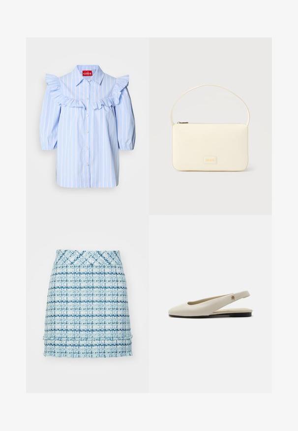 Chemise rayée bleu clair avec des accents froncés sur les épaules et le devant, dotée d'un col pointu et d'une fermeture à boutons.; Mini jupe en damier bleu avec un motif texturé, présentant un ourlet effiloché et une taille ajustée. Le design intègre différentes nuances de bleu.; Chaussure plate slingback en cuir couleur crème avec un bout arrondi et un petit emblème doré sur la bride.; Sac à main rectangulaire de couleur crème avec une seule sangle et une fermeture éclair sur le dessus, comportant une petite plaque de logo embossé à l'avant.