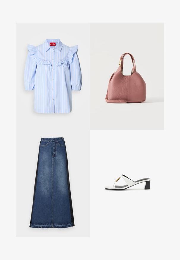 Lys blå stribet skjorte med flæse detaljer på skuldrene og foran, med spidse kraver og knaplukning.; Maxi nederdel i denim med en blå hovedfarve og sorte sidepaneler, lige pasform, frynset kant og klassisk femlomme-design.; Hvid damesandal med hæl i læder med sort blokhæl og guldaccent på tåstroppen, vist i profil mod hvid baggrund.; Støvet lyserød tekstureret læderhåndtaske med korte dobbelthanke, guldfarvet hardware og en justerbar skulderrem, vist mod en lys baggrund.