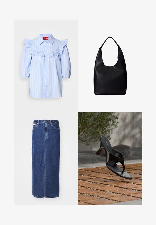Lichtblauw gestreept shirt met gerimpelde accenten op de schouders en aan de voorkant, met een puntige kraag en knoopsluiting.; Donkerblauwe denim rok tot op de knie, met een vooruitsnijding, traditionele tailleband en vijf zakken met contrasterende stiksels.; Zwarte Calvin Klein hoge hak teenslipper die zweeft boven een betegeld buitenterrein met groen en een betonnen muur op de achtergrond.; Zwarte leren totebag met een enkele brede schouderriem en een subtiel Calvin Klein-logo onderaan het midden.