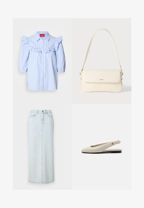Lys blå stribet skjorte med flæse detaljer på skuldrene og foran, med spidse kraver og knaplukning.; Lyseblå denim maxi-nederdel med lige design, frontknaplukning og synlige syninger. Har to frontlommer.; Flatsko i cremefarvet læder med rundet tå og lille guldemblem på remmen.; Cremefarvet læder skuldertaske med flaplukning, sølvfarvet beslag, en enkelt justerbar rem og diskrete logodetaljer.