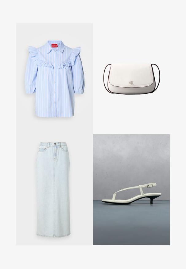 Lys blå stribet skjorte med flæse detaljer på skuldrene og foran, med spidse kraver og knaplukning.; Lyseblå denim maxi-nederdel med lige design, frontknaplukning og synlige syninger. Har to frontlommer.; Hvid sandal med stropper og kitten-hæl med spids tå, svævende over et trægulv udendørs med en sløret plante og væg i baggrunden.; Hvid skuldertaske med klaplukning, lille sølv "cK" logo i midten og tynd, justerbar, mørkebrun rem.