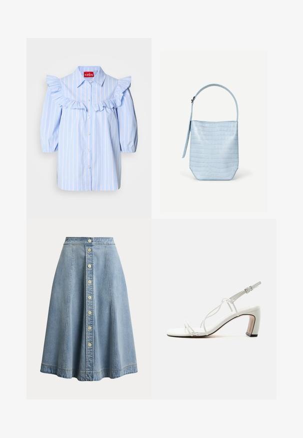 Lichtblauw gestreept shirt met gerimpelde accenten op de schouders en aan de voorkant, met een puntige kraag en knoopsluiting.; Lichtblauwe denim A-lijn rok met knoopsluiting aan de voorkant en zichtbare stiksels langs de panelen en zoom.; Witte sandaal met bandjes, vierkante neus, smalle zijriempjes, enkelsluiting en gebogen blokhak met zwarte rand onderaan.; Lichtblauwe handtas met krokodillenpatroon, rechthoekige vorm, enkele handgreep bovenaan en een afneembare zijriem, afgebeeld op een effen witte achtergrond.
