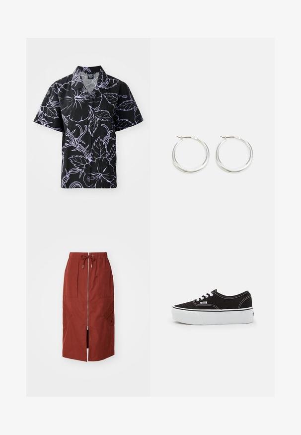 Korte mouwen zwarte shirt met witte bloemen- en bladmotieven, met knoopsluiting en puntige kraag. Lichtgewicht stof met een soepele textuur.; Mid-length rok in terracotta rood, met een rits aan de voorkant, een elastische tailleband met trekkoord en zijzakken met een geometrisch ontwerp.; Zwarte canvas sneaker met een witte rubberen platformzool, voorzien van witte veters en stiksels, iconische branding op de zijkant, low-top ontwerp.; Zilveren hoop oorbellen hebben een glad, rond ontwerp met een dun profiel en een veilige sluiting. Minimalistische stijl met een gepolijste afwerking.