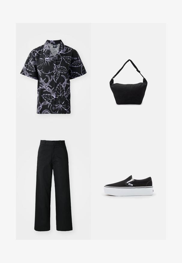 Korte mouwen zwarte shirt met witte bloemen- en bladmotieven, met knoopsluiting en puntige kraag. Lichtgewicht stof met een soepele textuur.; Zwarte wijde broek met een vlakke voorkant, knoopsluiting en riemlussen. Gemaakt van stevige stof met een gladde textuur.; Zwarte canvas instapschoen met een witte rubberen zool, voorzien van elastische zijkanten en contrasterende stiksels. Merkenlogo zichtbaar aan de zijkant.; Zwarte stoffen schoudertas met een zachte, gestructureerde oppervlakte, ronde vorm en een enkele strap. Minimalistisch ontwerp zonder zichtbare hardware of accenten.