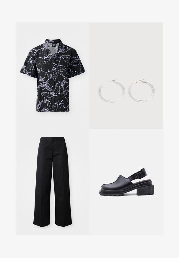 Kurzes schwarzes Hemd mit weißen Blumen- und Blattmustern, Knopfleiste und spitzen Kragen. Leichter Stoff mit glatter Textur.; Schwarze, weit geschnittene Hose aus weichem Baumwollstoff. Verfügt über einen klassischen Bund, seitliche Taschen und einen geraden Schnitt bis zum Saum.; Schwarzer Slingback-Schuh aus Leder mit geschlossenem Zehenbereich, verstellbarem Schnallenriemen, klobigem flachem Absatz und strukturierter Sohle auf weißem Hintergrund.; Paar glänzende silberne Creolen mit dünnen Drahtverschlüssen, dargestellt vor einem hellgrauen Hintergrund.