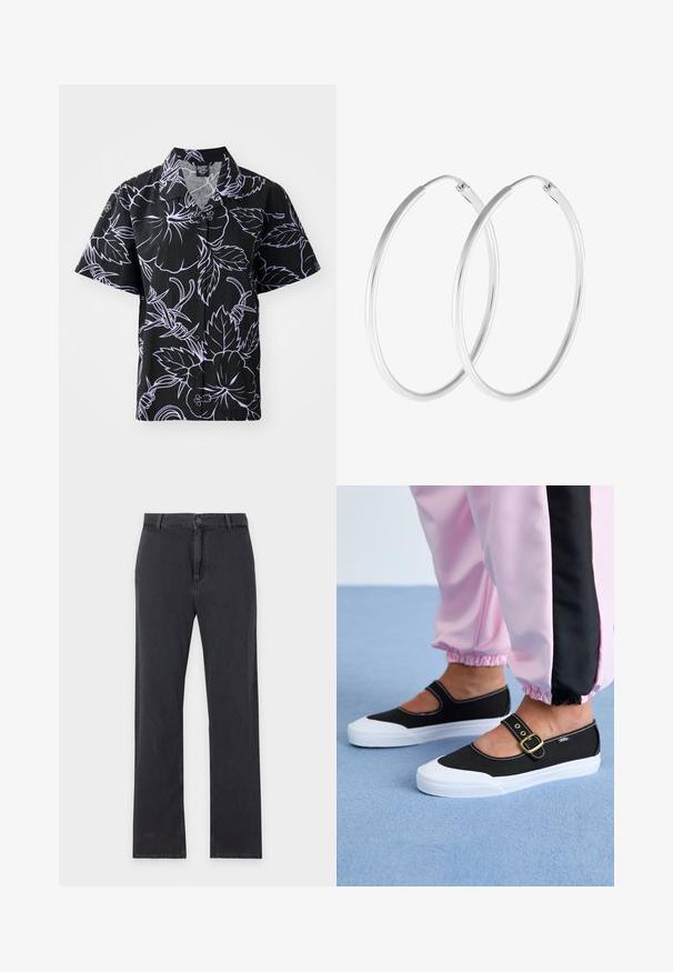 Korte mouwen zwarte shirt met witte bloemen- en bladmotieven, met knoopsluiting en puntige kraag. Lichtgewicht stof met een soepele textuur.; Zwarte jeans met rechte pijpen, knoop- en ritssluiting aan de voorkant, riemlussen en klassiek ontwerp met vijf zakken, plat gelegd op een witte achtergrond.; Zwarte canvas schoenen met een witte zool, met een uitgesneden ontwerp en een gouden gespband. Draagt met roze joggingsbroek.; Zilverkleurige oorringen met een gladde, ronde vorm en een gepolijste afwerking. Beide oorbellen zijn van dezelfde grootte en hebben een veilige sluitmechanisme.