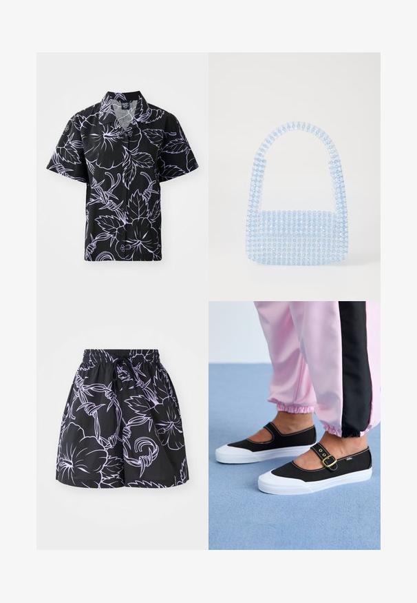 Sort skjorte med korte ærmer og hvide blomster- og bladmønstre, knap-op design og spids krave. Letvægtsstof med en glat tekstur.; Sorte shorts med snoretræk i taljen, prydet med kontrasterende lyse lilla blomster- og blade mønstre på en ensfarvet baggrund.; Sorte lærredssko med en hvid sål, der har et udskæringsdesign og et guldspænde. Bæret med lyserøde træningsbukser.; Blå transparent taske lavet af sammenkoblede perler, med en struktureret form og et kort håndtag, samt en glat tekstur og en blank finish.