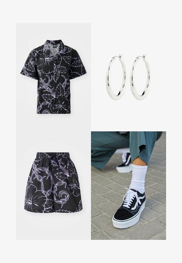 Korte mouwen zwarte shirt met witte bloemen- en bladmotieven, met knoopsluiting en puntige kraag. Lichtgewicht stof met een soepele textuur.; Zwarte shorts met een trekkoord aan de taille, met contrasterende lichtpaarse bloem- en bladpatronen op een effen achtergrond.; Zwarte suède sneaker met witte accenten en veters, uitgerust met een dikke witte zool en contrasterende stiksels, gecombineerd met een witte sok.; Zilveren oorbellen in de vorm van een gladde, glanzende ring. Circulaire vorm, voorzien van een veilige sluiting. Eenvoudig en elegant ontwerp.