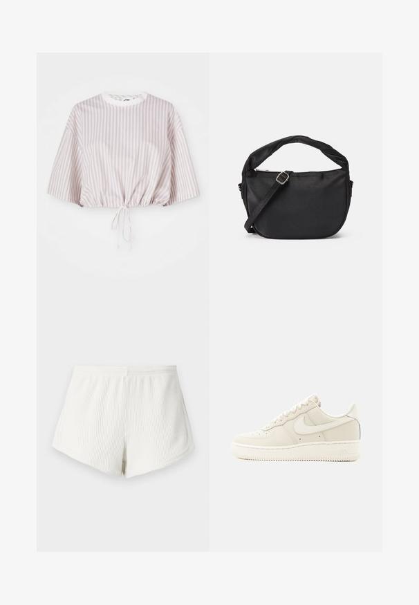 Kortærmet cropped top i lys lavendel med hvide vertikale striber. Har snoretræk i kanten for justerbar pasform.; Hvide ribbede stofshorts med elastisk talje, der har en afslappet pasform og buet kant. Synlig detalje ved bagsiden.; Beige Nike Air Force 1 sneaker i lav model med snørelukning og gummisål, vist fra ydersiden på en hvid baggrund.; Sort stof skuldertaske med et snoet håndtag, en aftagelig rem og en lynlåslukning i toppen. Glat tekstur og minimalistisk design.