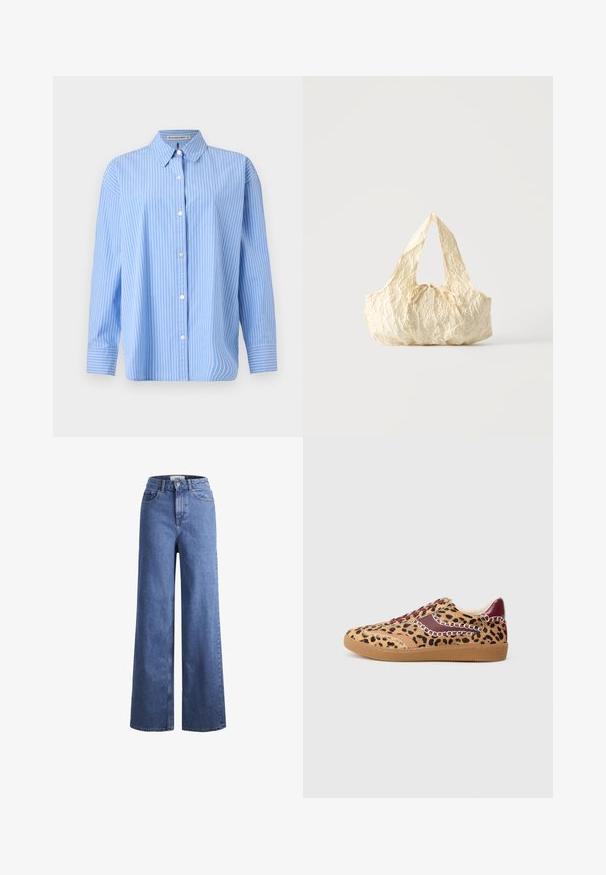Lichtblauwe overhemshirt van katoen met witte verticale strepen. Heeft een klassieke kraag en lange mouwen met knoopmanchetten.; Lichtblauwe denim wijde jeans met een hoge taille, twee voorzakken en zichtbare stiksels. Voorzien van een knoop- en ritssluiting.; Luipaardprint sneaker met een tan basis, bordeauxrode accenten en bordeauxkleurige veters. Bevat textuurmaterialen en een rubberen zool.; Handtas van crèmekleurige gestructureerde stof met bovenhandvatten en een klein geknoopt strikje middenvoor.