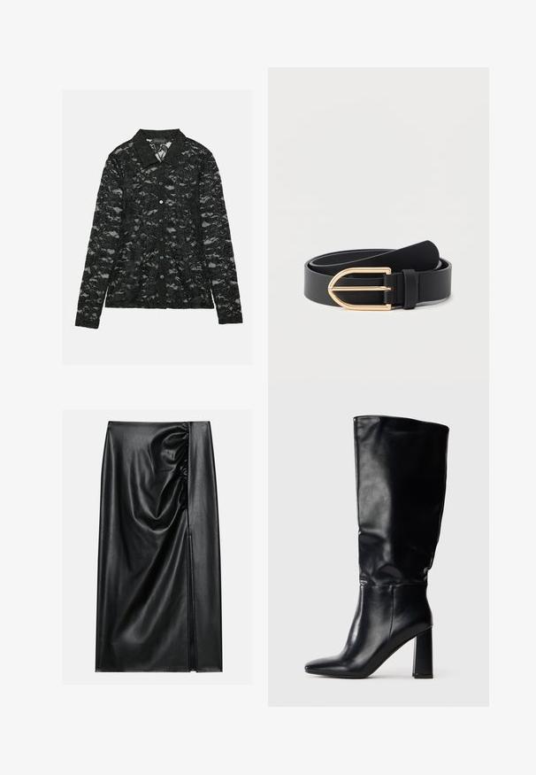 Blusa de encaje negro con cuello camisero, mangas largas, cierre de botones con botones verdes y un patrón floral en toda la prenda.; Falda de cuero negro con una textura suave, con una sección fruncida en un lado y una abertura lateral para añadir detalle.; Bota de cuero negra hasta la rodilla con punta afilada y tacón alto ancho, mostrada en perfil sobre fondo blanco.; Cinturón de cuero negro enrollado con hebilla de metal dorado brillante sobre un fondo claro y liso.